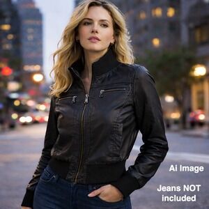 Ci Sono Black Faux Leather Bomber Jacket Ribbed Cuffs Women XL Streetwear Moto‎